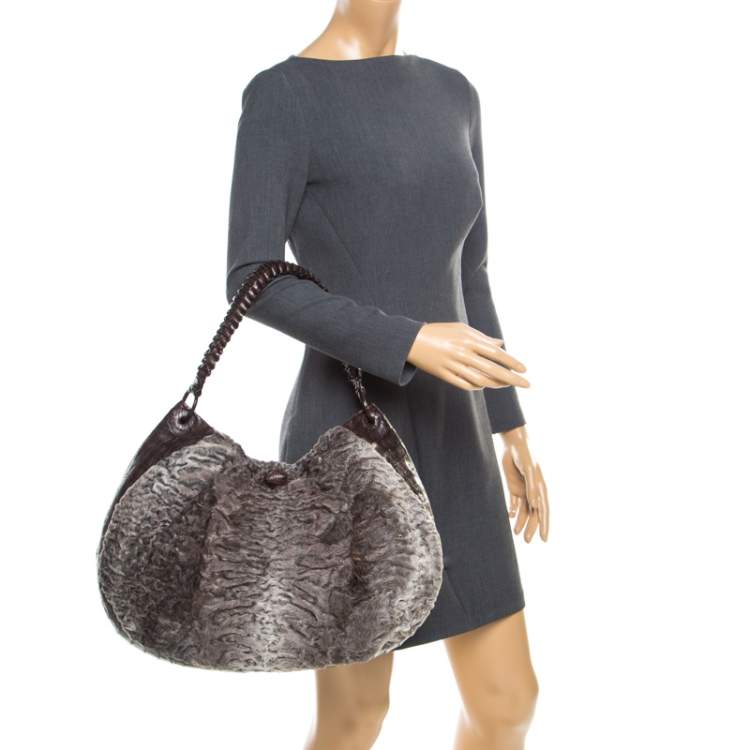 Pre Owned Nancy Gonzalez Grey/Brown Fur and Crocodile Hobo