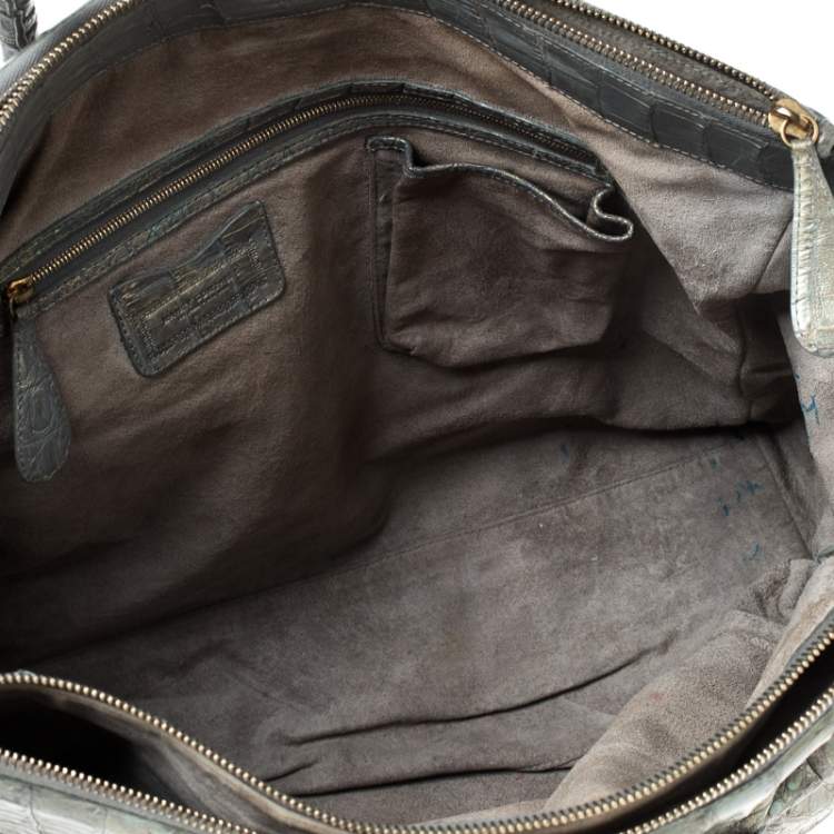 Pre Owned Nancy Gonzalez Grey/Holographic Effect Crocodile Satchel   