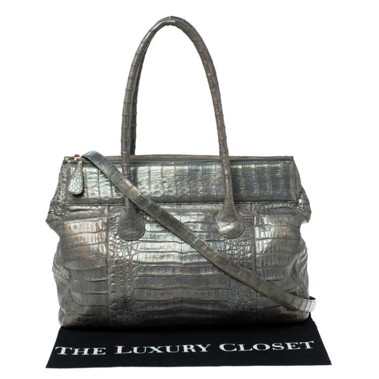 Pre Owned Nancy Gonzalez Grey/Holographic Effect Crocodile Satchel   