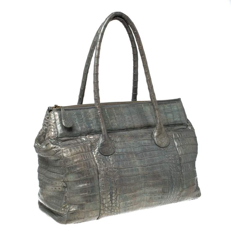 Pre Owned Nancy Gonzalez Grey/Holographic Effect Crocodile Satchel   