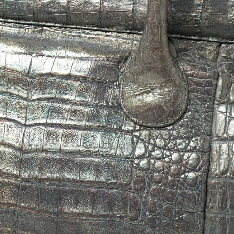 Pre Owned Nancy Gonzalez Grey/Holographic Effect Crocodile Satchel   