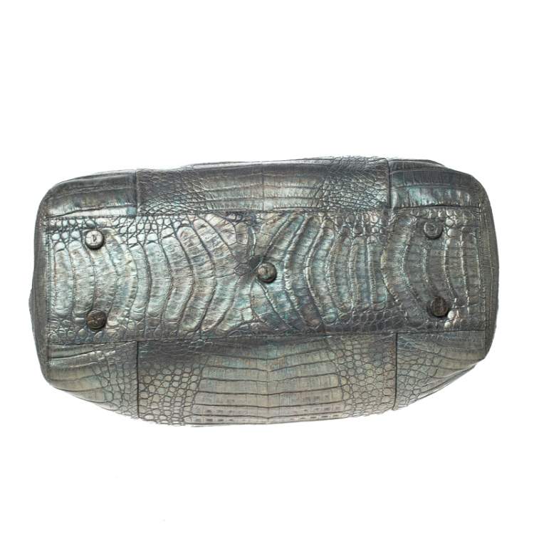 Pre Owned Nancy Gonzalez Grey/Holographic Effect Crocodile Satchel   