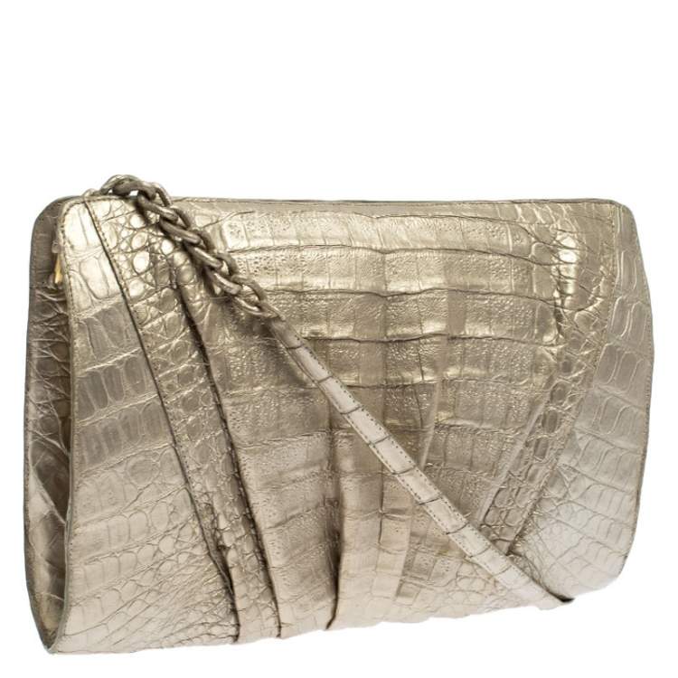 Pre Owned Nancy Gonzalez Gold Crocodile Chain Clutch