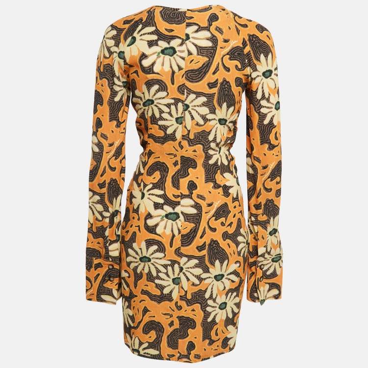 Pre Owned Nanushka Orange Floral Print Crepe Cut-Out Ira Wrap Dress M