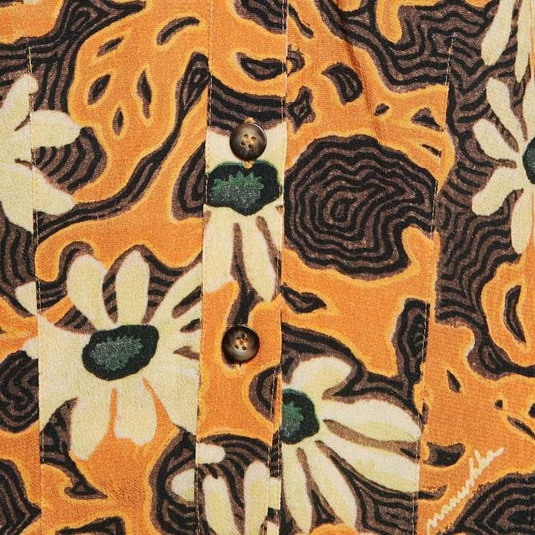Pre Owned Nanushka Orange Floral Print Crepe Cut-Out Slim Fit Shirt L