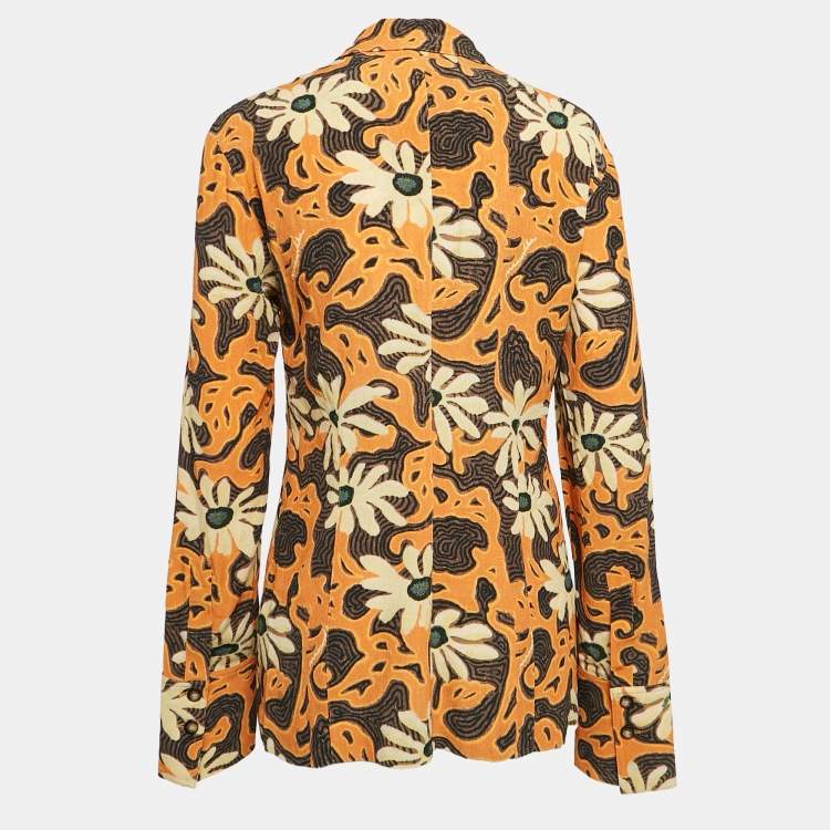 Pre Owned Nanushka Orange Floral Print Crepe Cut-Out Slim Fit Shirt L