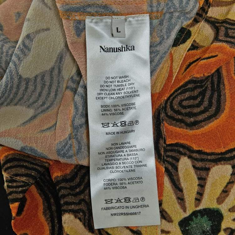 Pre Owned Nanushka Orange Floral Print Crepe Cut-Out Slim Fit Shirt L