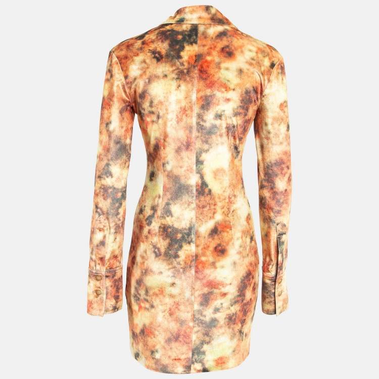 Pre Owned Nanushka Orange Hazy Floral Print Stretch Velvet Mini Shirt Dress L