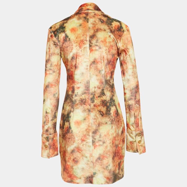 Pre Owned Nanushka Orange Hazy Floral Print Velvet Jersey Romee Mini Shirt Dress M
