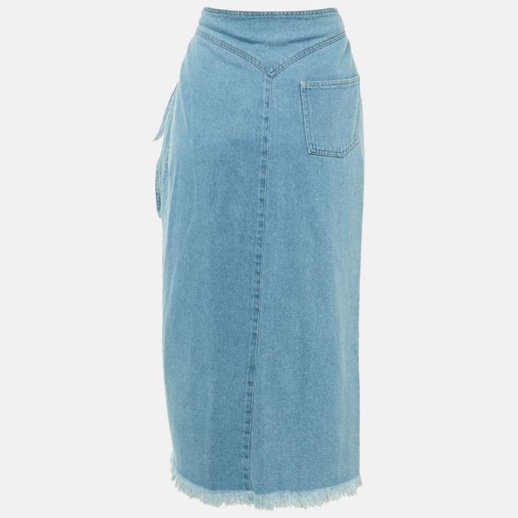 Pre Owned Nanushka Blue Washed Denim Frayed Opal Wrap Midi Skirt L