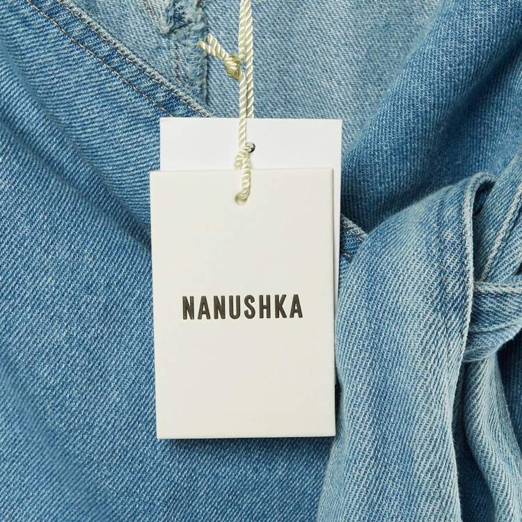 Pre Owned Nanushka Blue Washed Denim Frayed Opal Wrap Midi Skirt L