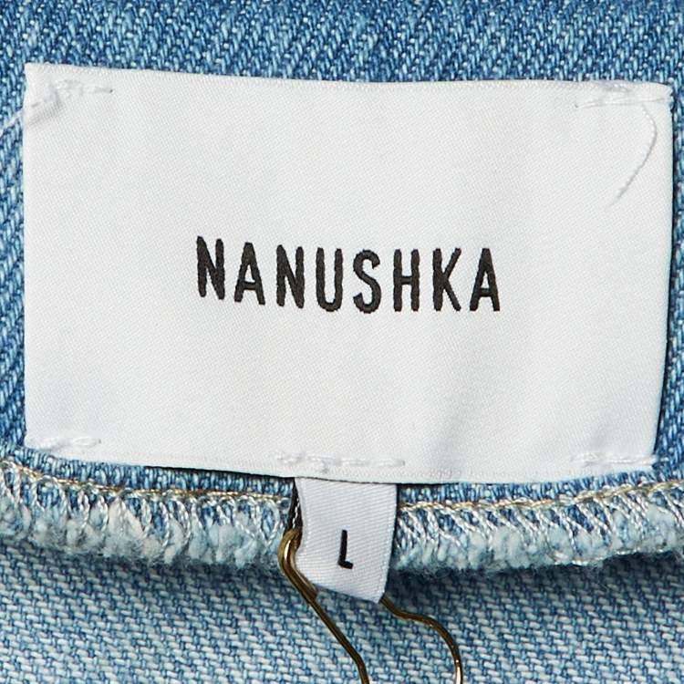 Pre Owned Nanushka Blue Washed Denim Frayed Opal Wrap Midi Skirt L