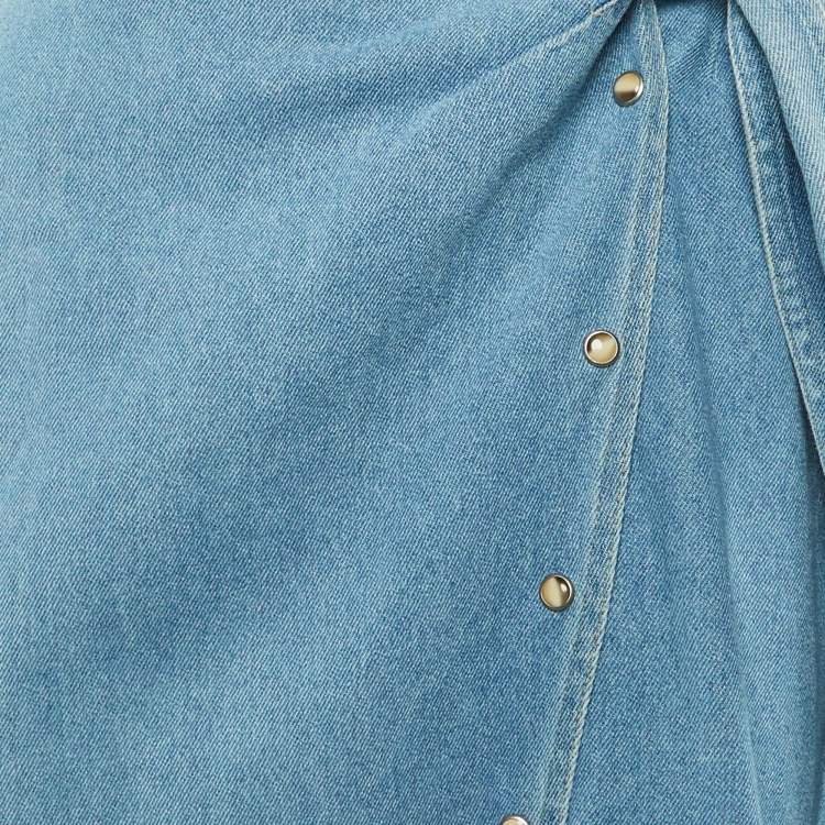 Pre Owned Nanushka Blue Washed Denim Frayed Opal Wrap Midi Skirt L