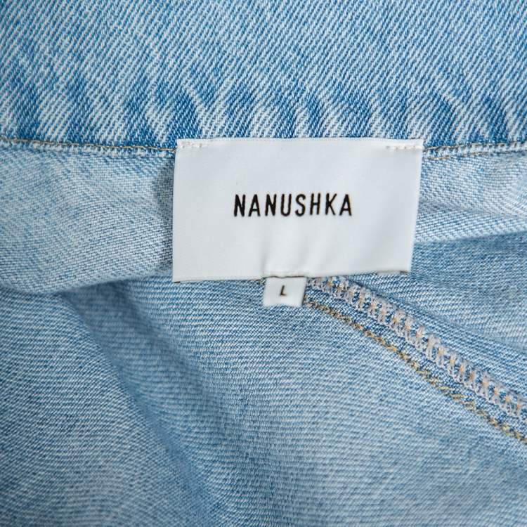 Pre Owned Nanushka Blue Light Wash Denim Frayed Hem Belted Goji Dress L