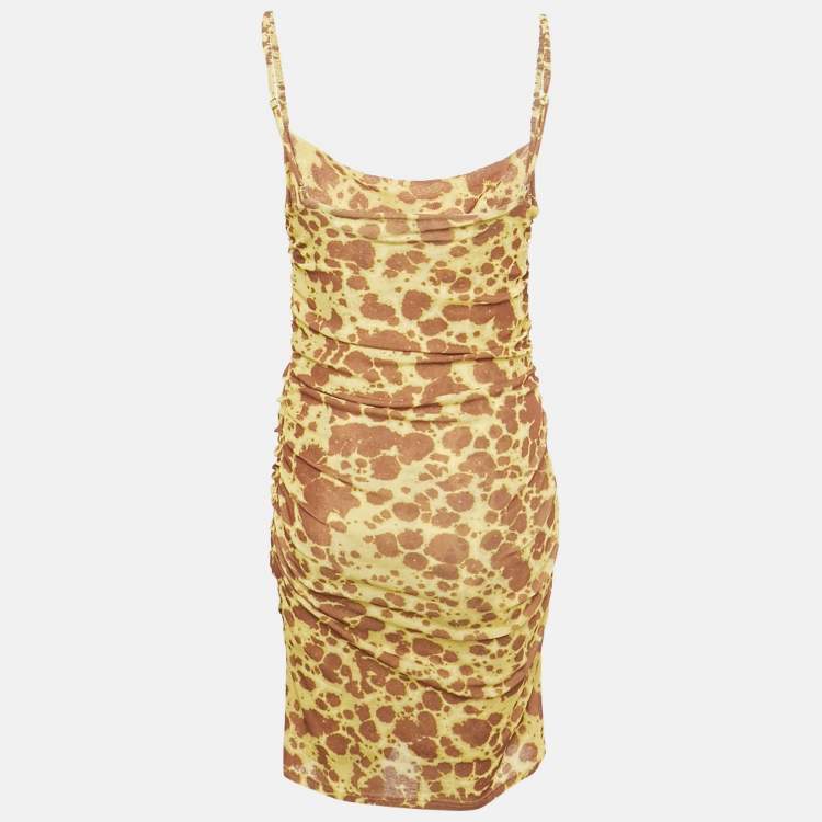 Pre Owned Nanushka Yellow /Brown Printed Mesh Jersey Adle Mini Dress M 