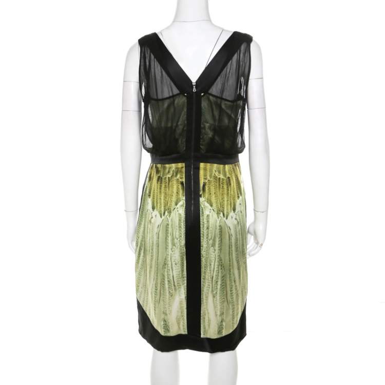 Pre Owned Narciso Rodriguez Green Satin and Black Mesh Overlay Sleeveless Dress M 