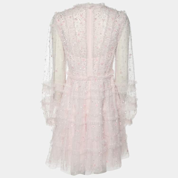 Pre Owned Needle & Thread Light Pink Mesh Violet Shimmer Micro Mini Dress S