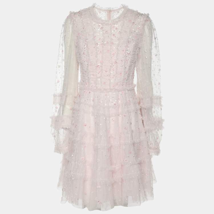 Pre Owned Needle & Thread Light Pink Mesh Violet Shimmer Micro Mini Dress S
