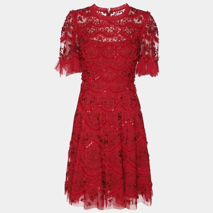 Pre Owned Needle & Thread Red Mesh Embroidered Liliy Bloom Mini Dress S