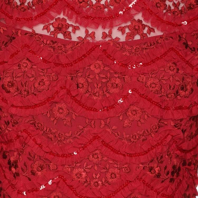 Pre Owned Needle & Thread Red Mesh Embroidered Liliy Bloom Mini Dress S