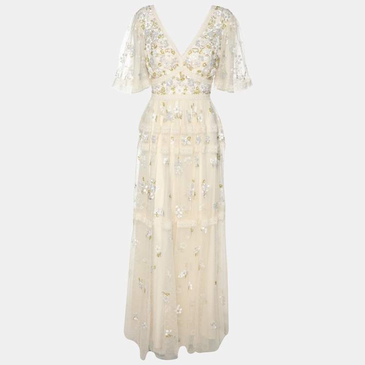Pre Owned Needle & Thread Cream Mesh Shimmer Primrose Gown Dress S