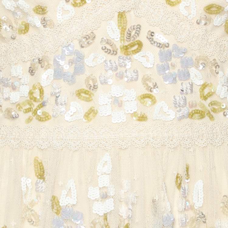 Pre Owned Needle & Thread Cream Mesh Shimmer Primrose Gown Dress S