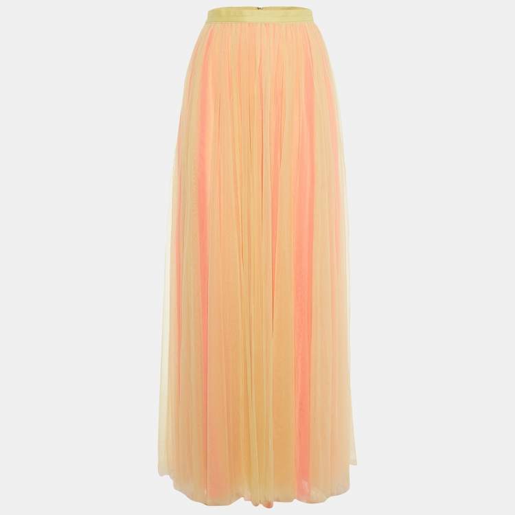 Pre Owned Needle & Thread Yellow/Pink Two Tone Tulle Maxi Skirt S