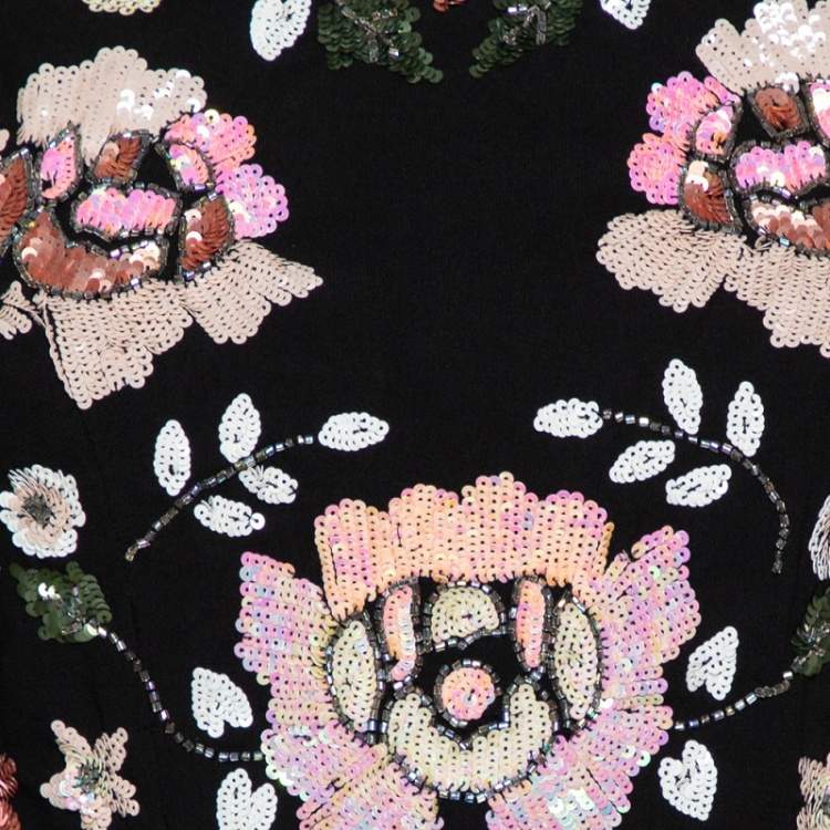 Pre Owned Needle & Thread Black Crepe Spring Sequin Floral Mini Dress M