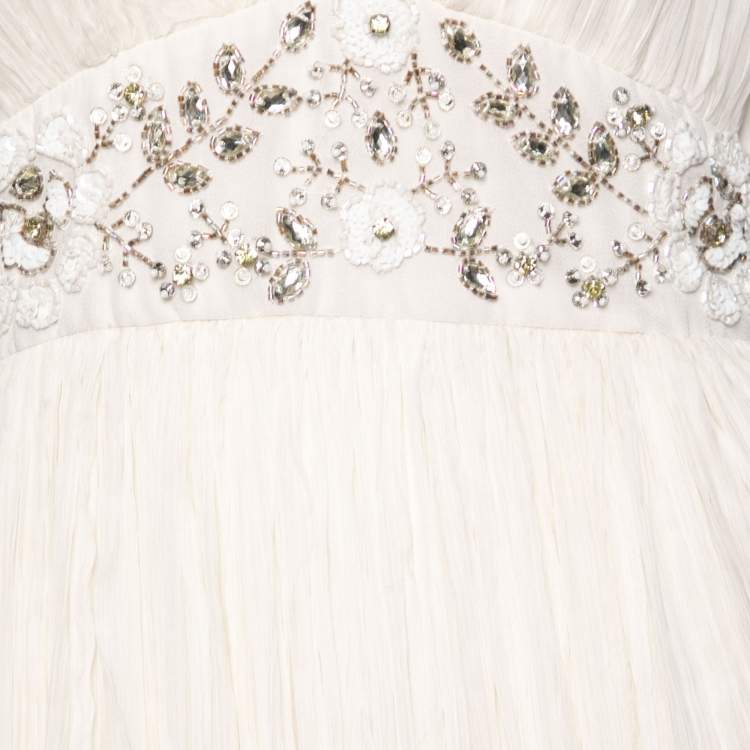 Pre Owned Needle & Thread White Chiffon Crystal Embellished Plunging Neck Tulle Dress M