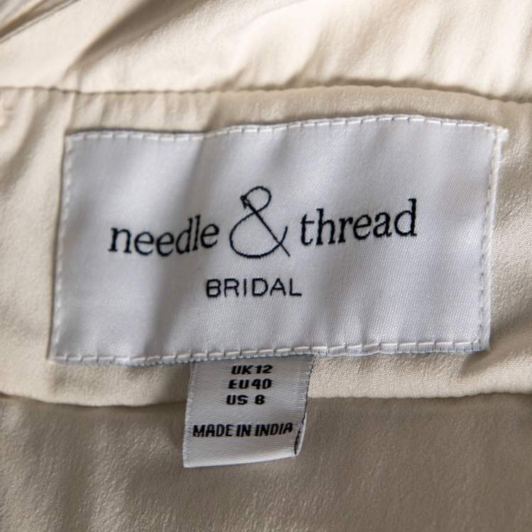 Pre Owned Needle & Thread White Chiffon Crystal Embellished Plunging Neck Tulle Dress M