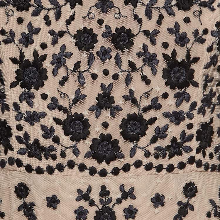 Pre Owned Needle & Thread Pink Floral Embroidered Tulle Cape Sleeve Gown L