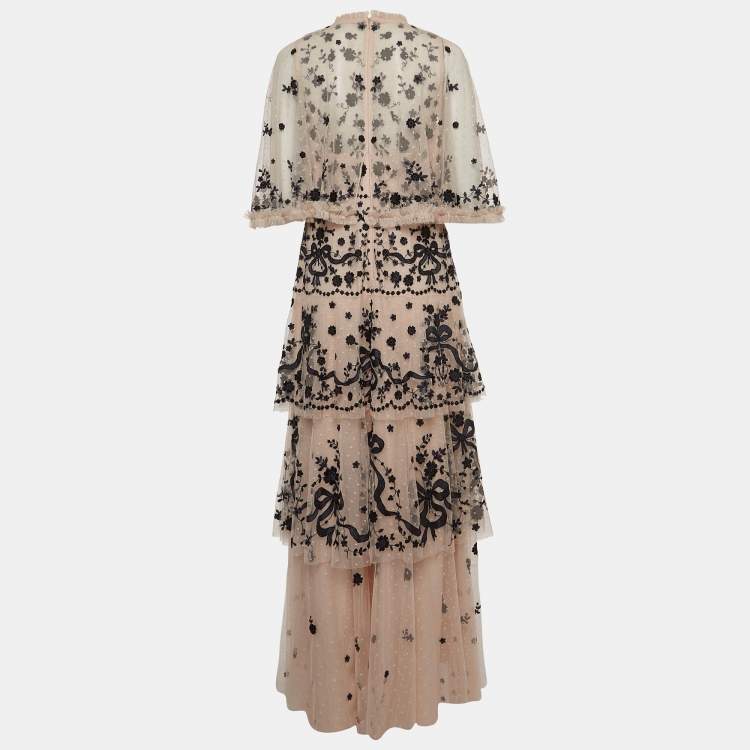 Pre Owned Needle & Thread Pink Floral Embroidered Tulle Cape Sleeve Gown L