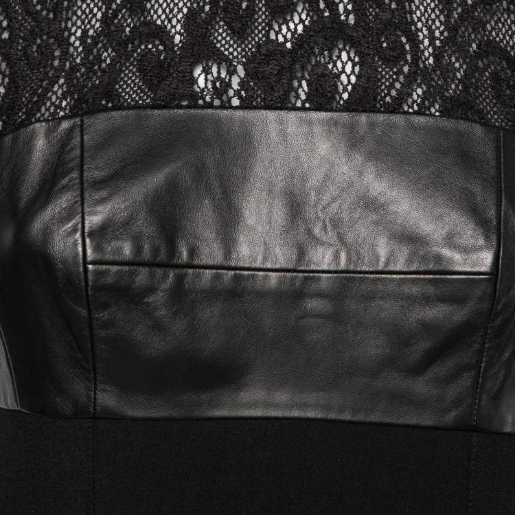 Pre Owned Rebecca Taylor Black Lace and Leather Panel Detail Dress S 
