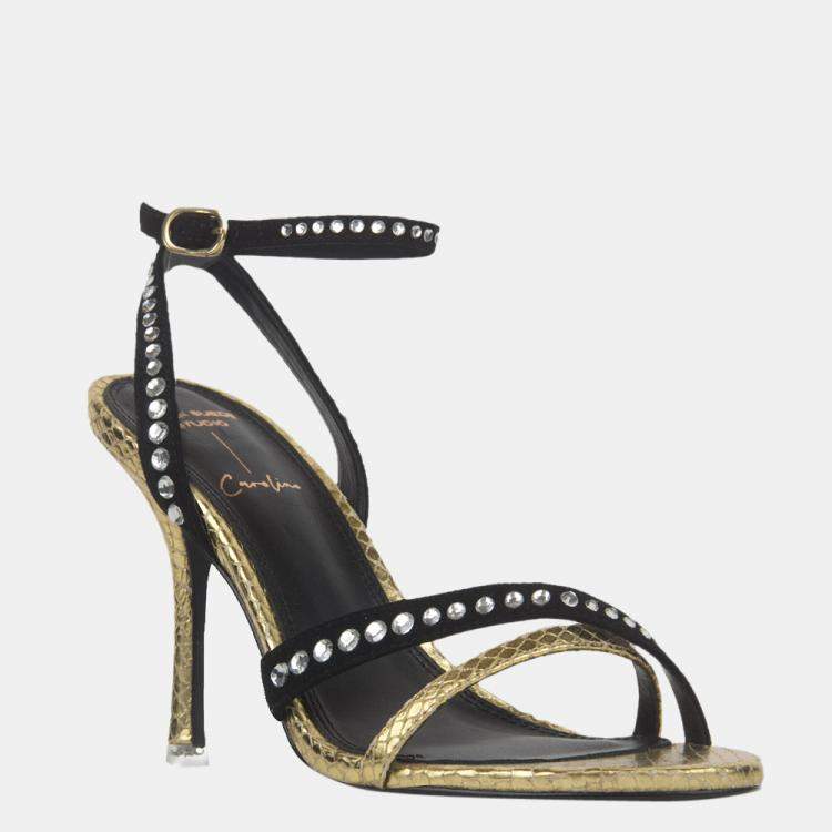 Pre Owned Black Suede Studio x Caroline Stanbury Gold Metallic Leather Leila Sandals Size 37