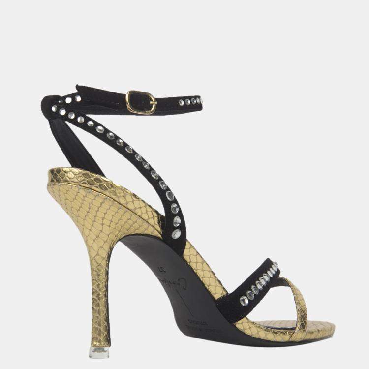 Pre Owned Black Suede Studio x Caroline Stanbury Gold Metallic Leather Leila Sandals Size 37