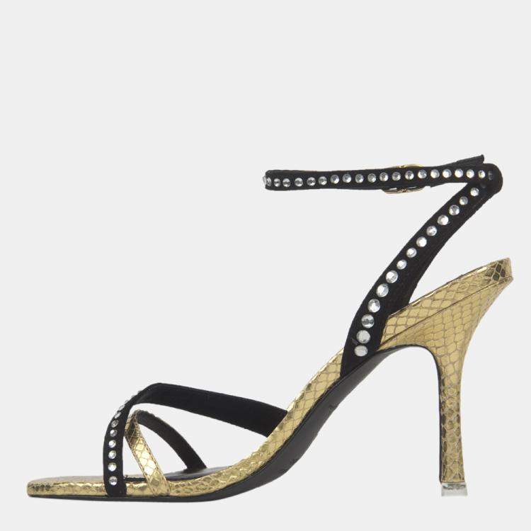 Pre Owned Black Suede Studio x Caroline Stanbury Gold Metallic Leather Leila Sandals Size 37