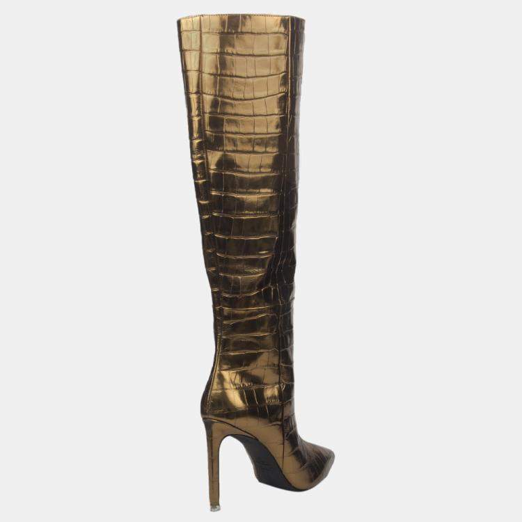 Pre Owned Black Suede Studio x Caroline Stanbury Bronze Metallic Croc Embossed Leather Taylor Boots Size 39