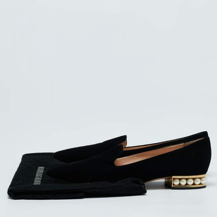 Pre Owned Nicholas Kirkwood Black Suede Casati Faux Pearl Heel Pointed Toe Loafers Size 40