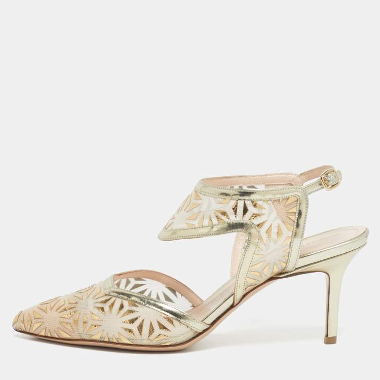 Pre Owned Nicholas Kirkwood Gold/Beige Leather and Mesh Leda Slingback Pumps Size 36