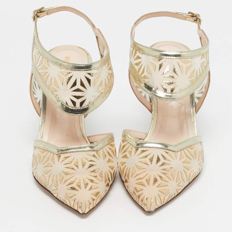 Pre Owned Nicholas Kirkwood Gold/Beige Leather and Mesh Leda Slingback Pumps Size 36