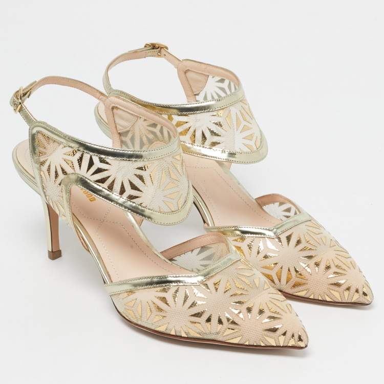 Pre Owned Nicholas Kirkwood Gold/Beige Leather and Mesh Leda Slingback Pumps Size 36