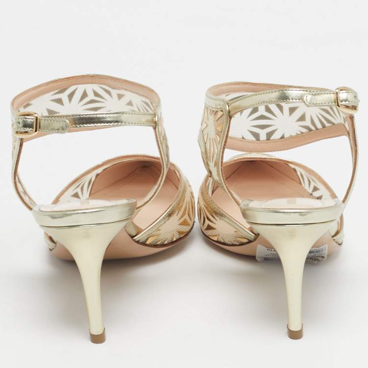 Pre Owned Nicholas Kirkwood Gold/Beige Leather and Mesh Leda Slingback Pumps Size 36