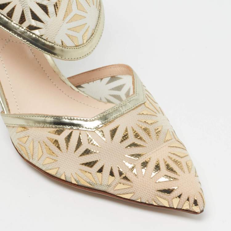 Pre Owned Nicholas Kirkwood Gold/Beige Leather and Mesh Leda Slingback Pumps Size 36
