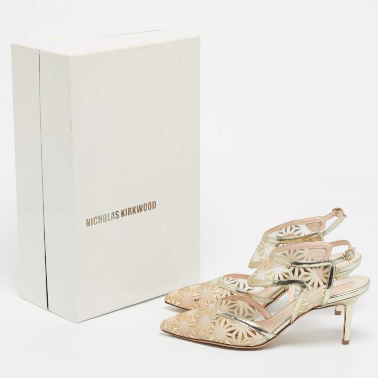 Pre Owned Nicholas Kirkwood Gold/Beige Leather and Mesh Leda Slingback Pumps Size 36