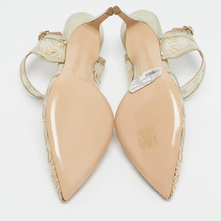 Pre Owned Nicholas Kirkwood Gold/Beige Leather and Mesh Leda Slingback Pumps Size 36