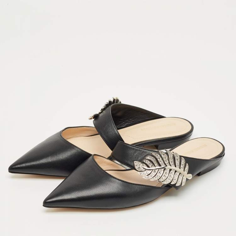 Pre Owned Nicholas Kirkwood Black Leather Crystal Embellished Monstera Flat Mules Size 37