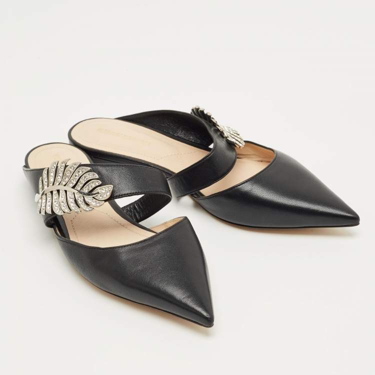Pre Owned Nicholas Kirkwood Black Leather Crystal Embellished Monstera Flat Mules Size 37
