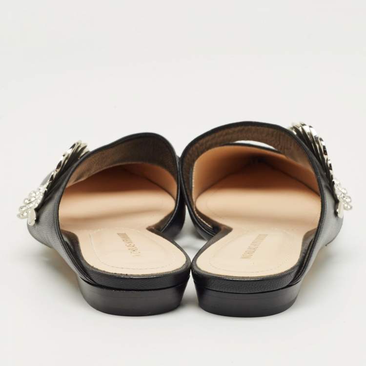 Pre Owned Nicholas Kirkwood Black Leather Crystal Embellished Monstera Flat Mules Size 37