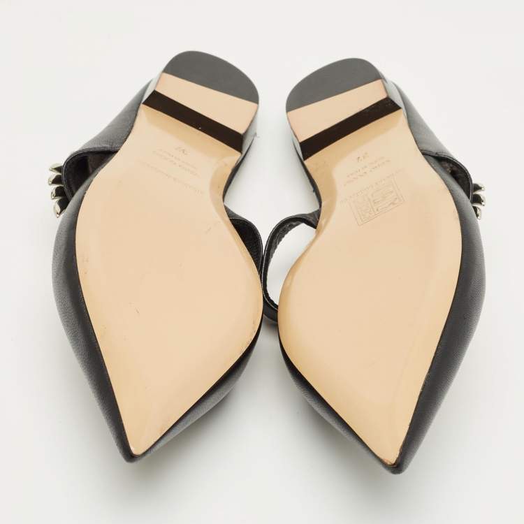 Pre Owned Nicholas Kirkwood Black Leather Crystal Embellished Monstera Flat Mules Size 37