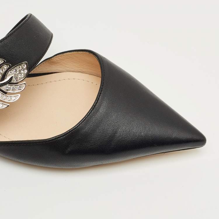 Pre Owned Nicholas Kirkwood Black Leather Crystal Embellished Monstera Flat Mules Size 37